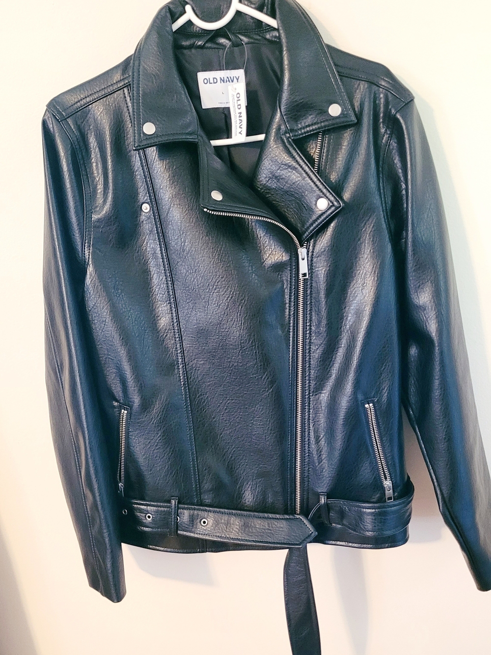 Old Navy Black Leather Moto  Biker Jacket with Belt